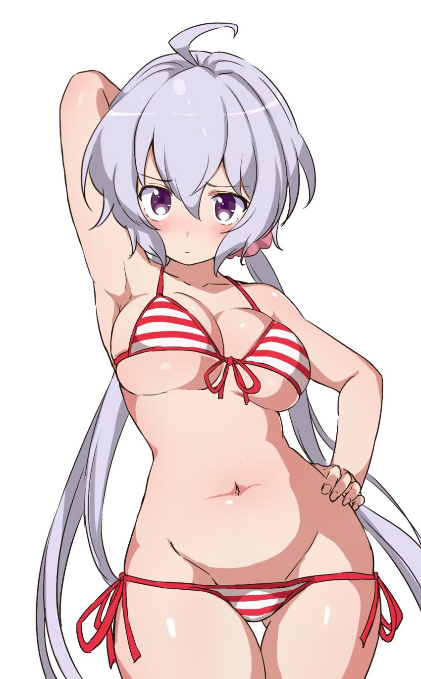 1girl, ahoge, arm_behind_head, bikini, breasts, chupirinko, commentary_request, cowboy_shot, front-tie_top, gluteal_fold, hair_ornament, hair_scrunchie, halterneck, hand_on_own_hip, highres, large_breasts, light_purple_hair, long_hair, looking_at_viewer, low_twintails, lowleg, lowleg_bikini, purple_eyes, scrunchie, senki_zesshou_symphogear, side-tie_bikini_bottom, simple_background, solo, striped_bikini, striped_clothes, swimsuit, thigh_gap, twintails, white_background, yukine_chris