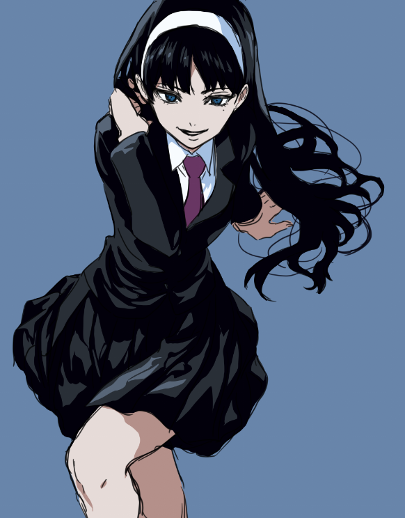1girl, ayasugi_tsubaki, black_dress, black_hair, black_skirt, blue_background, blue_eyes, dress