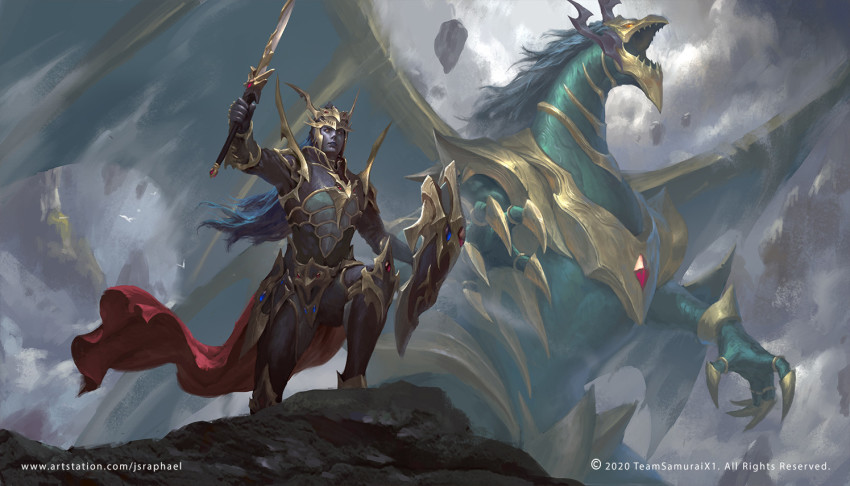 1boy, armor, black_luster_soldier, black_luster_soldier_envoy_of_the_beginning, blue_hair, blue_skin, cape, chaos_emperor_dragon_-_envoy_of_the_end