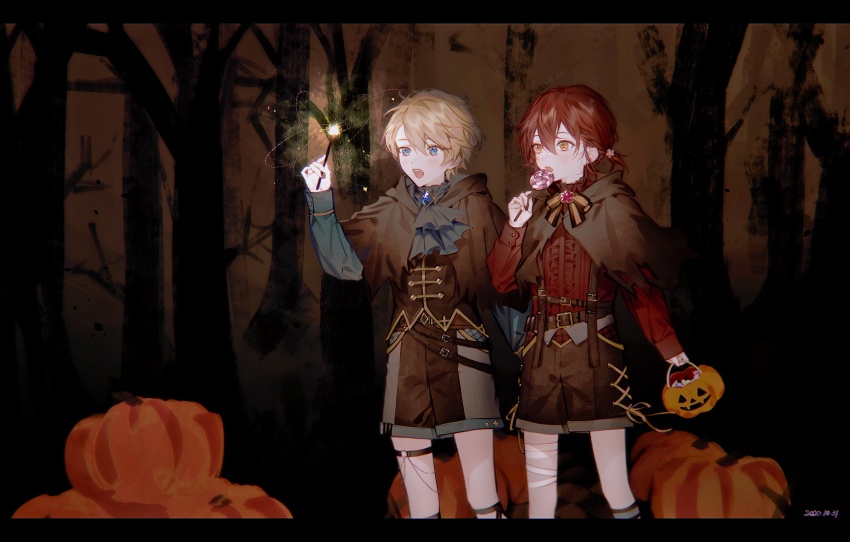 2boys, absurdres, aged_down, azmpty, blonde_hair, blue_eyes, brooch, candy