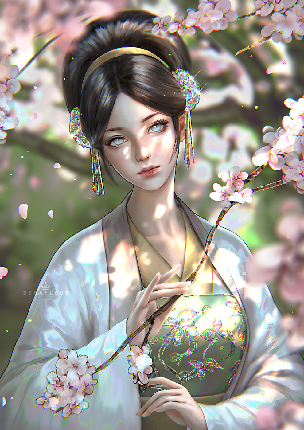 1girl, aged_up, avatar:_the_last_airbender, avatar_legends, black_hair, blind, branch, cherry_blossoms, china_dress, chinese_clothes, crystal, dress, gem, glitter, gold, hair_bun, hair_ornament, hanfu, highres, long_hair, looking_at_viewer, portrait, robe, serafleur, serious, single_hair_bun, toph_beifong, traditional_clothes, traditional_dress, tree, white_eyes