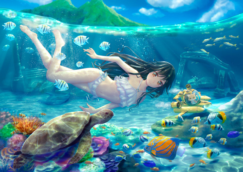 1girl, barefoot, bikini, black_hair, cat, caustics, coral, coral_reef, fish, freediving, frilled_bikini, frills, highres, island, long_hair, mountain, original, partially_underwater_shot, pillar, ruins, school_of_fish, sea_turtle, smile, solo, submarine, summer, swimming, swimsuit, turtle, underwater, water_surface, watercraft, white_bikini, yuichi_ito