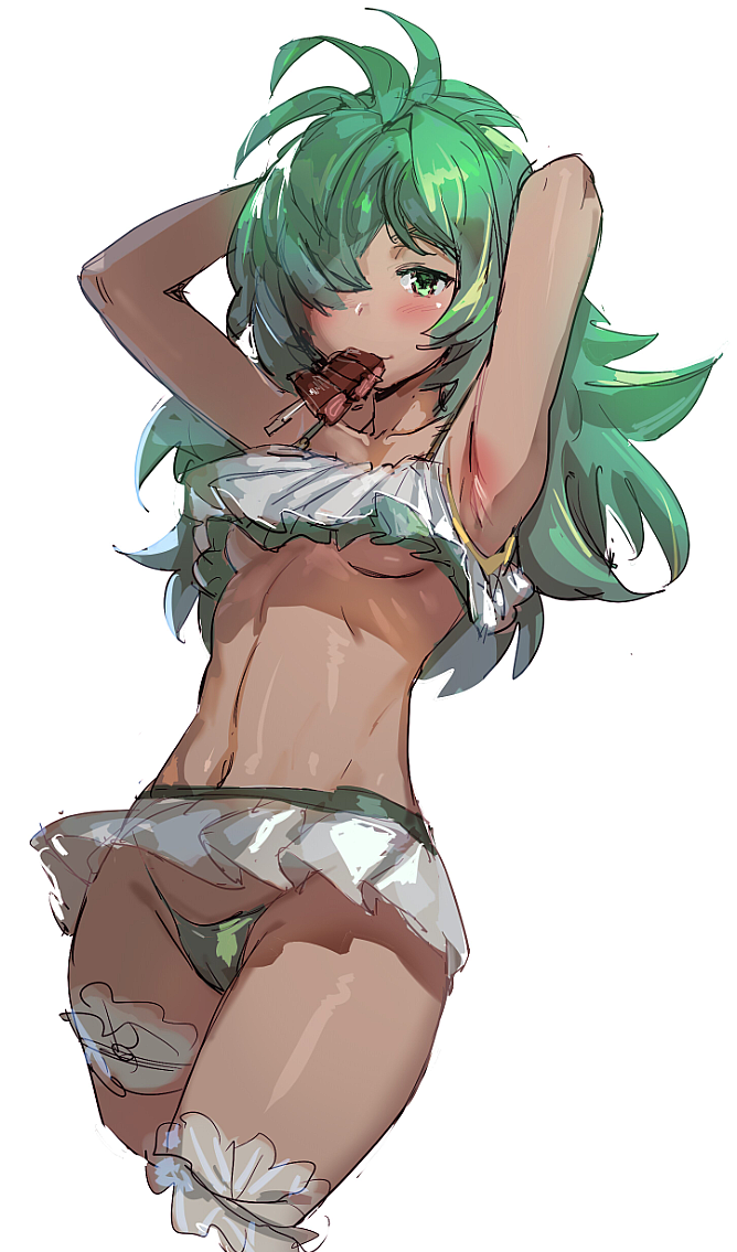 1girl, antenna_hair, armpits, arms_behind_head, bikini, bikini_skirt, blush, bow_(bhp), breasts, cameltoe, cropped_legs, frilled_bikini, frills, green_bikini, green_eyes, green_hair, hands_up, highleg, highleg_bikini, kolulu_(granblue_fantasy), kolulu_(summer)_(granblue_fantasy), long_hair, looking_at_viewer, messy_hair, mouth_hold, original, simple_background, skewer, small_breasts, smile, solo, standing, swimsuit, underboob, white_background