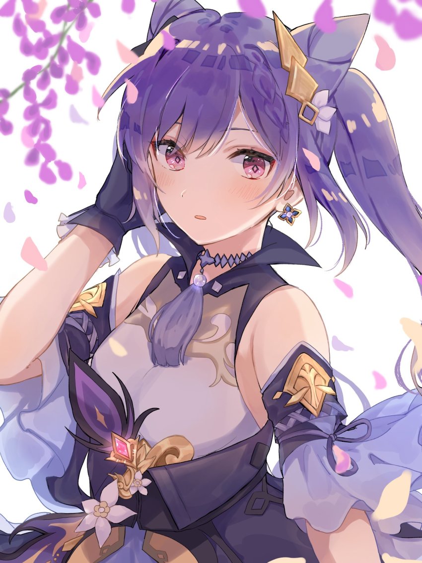 1girl, bare_shoulders, blush, choker, cone_hair_bun, double_bun, dress, earrings, genshin_impact, hair_bun, hair_ornament, highres, jewelry, keqing_(genshin_impact), kuragegeso, looking_at_viewer, open_mouth, petals, purple_eyes, purple_hair, simple_background, sleeveless, sleeveless_dress, solo, twintails, upper_body, white_background