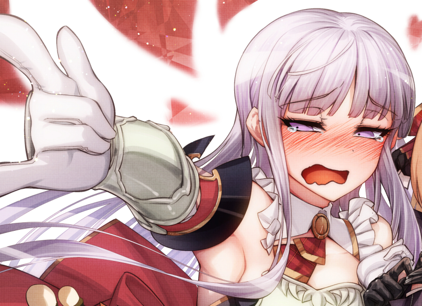 2girls, adjusting_clothes, adjusting_gloves, alternate_costume, arm_up, armpits, ascot, averting_eyes