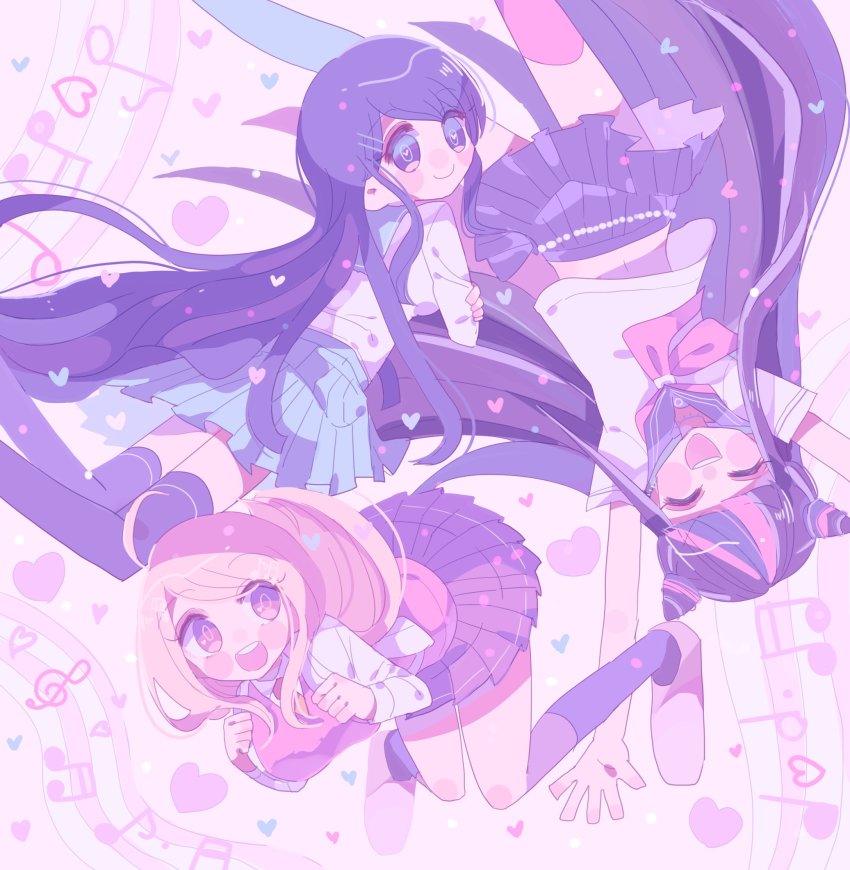 3girls, ahoge, akamatsu_kaede, asymmetrical_legwear, backpack, bag, beamed_sixteenth_notes, black_hair, blonde_hair, blue_eyes, blue_hair, blush, blush_stickers, collared_shirt, danganronpa:_trigger_happy_havoc, danganronpa_(series), danganronpa_2:_goodbye_despair, danganronpa_v3:_killing_harmony, dotted_eighth_note, eighth_note, closed_eyes, hair_ornament, hairclip, heart, highres, jewelry, kneehighs, long_hair, maizono_sayaka, mioda_ibuki, mismatched_legwear, multicolored_hair, multiple_girls, musical_note, musical_note_hair_ornament, necklace, necktie, open_mouth, pastel_colors, piercing, pink_hair, pleated_skirt, purple_eyes, quarter_note, school_uniform, serafuku, shirt, sketchi, skirt, smile, socks, musical_staff, streaked_hair, sweater_vest, thighhighs, white_hair