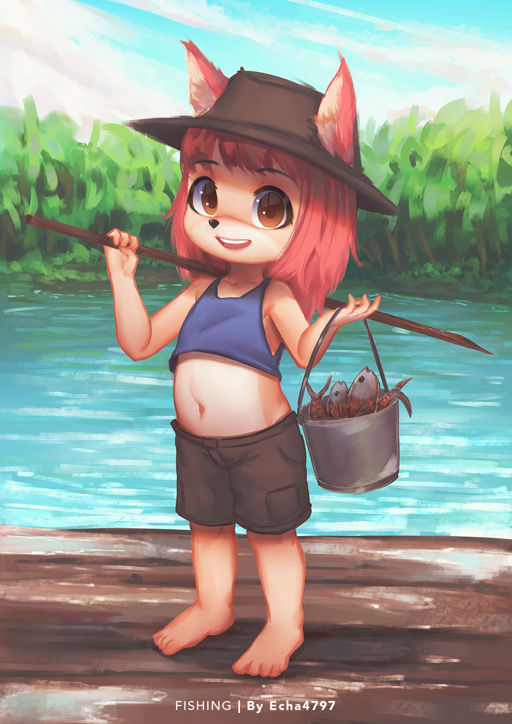 1girl, :d, animal_ears, barefoot, brown_eyes, bucket, child, dock