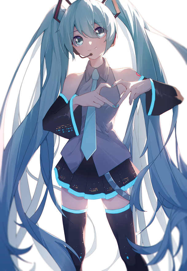 1girl, aqua_eyes, aqua_hair, aqua_nails, aqua_necktie, backlighting, bare_shoulders, black_skirt, black_sleeves, black_thighhighs, commentary, cowboy_shot, detached_sleeves, grey_shirt, hair_ornament, hatsune_miku, headphones, headset, heart, heart_hands, hiruno_baizhou, long_hair, looking_at_viewer, miniskirt, nail_polish, necktie, pleated_skirt, shirt, shoulder_tattoo, skirt, sleeveless, sleeveless_shirt, smile, solo, standing, tattoo, thighhighs, twintails, very_long_hair, vocaloid, white_background, zettai_ryouiki