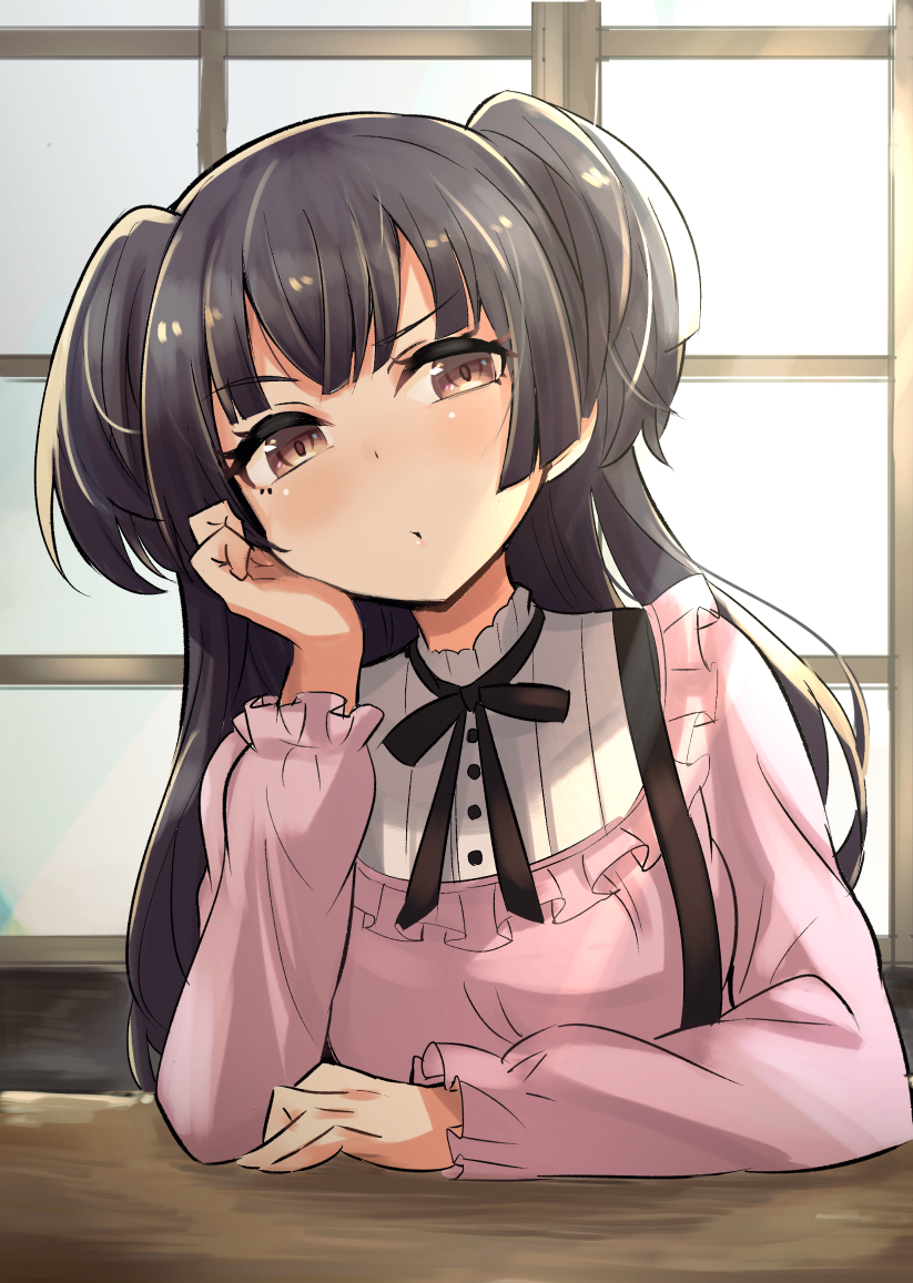 1girl, arm_rest, black_hair, black_neckwear, black_ribbon, blouse, blunt_bangs, blush
