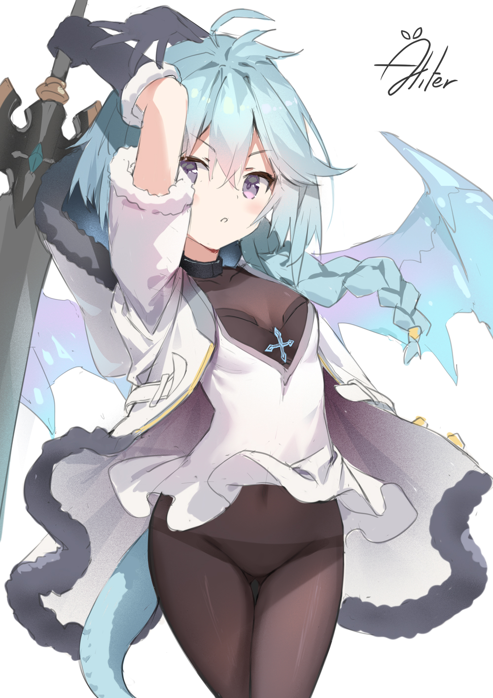 1girl, :o, ahoge, aliter, arms_up, black_gloves, blue_hair, blue_wings