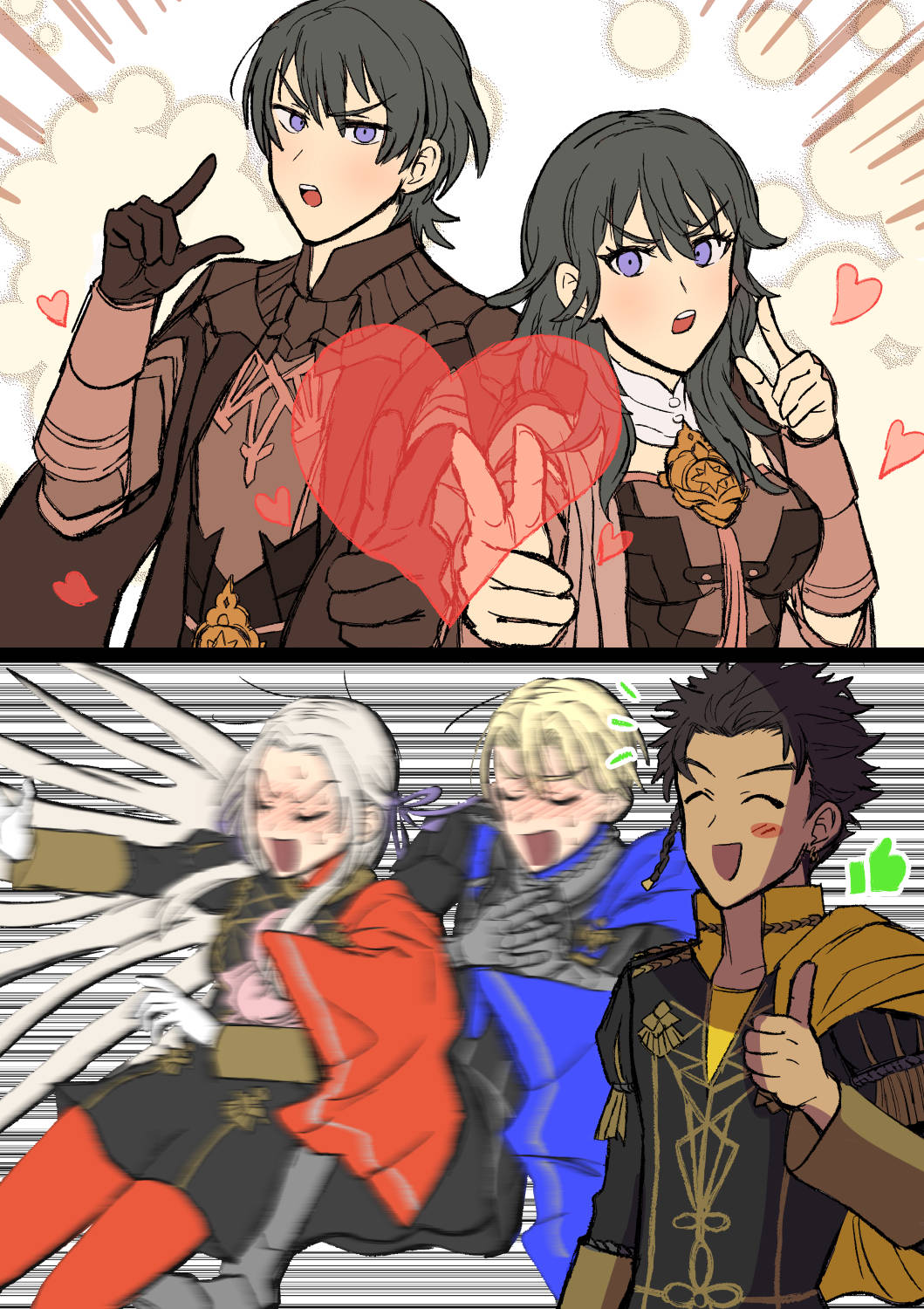 2girls, 3boys, armor, blue_eyes, blush, female_byleth_(fire_emblem), male_byleth_(fire_emblem), cape