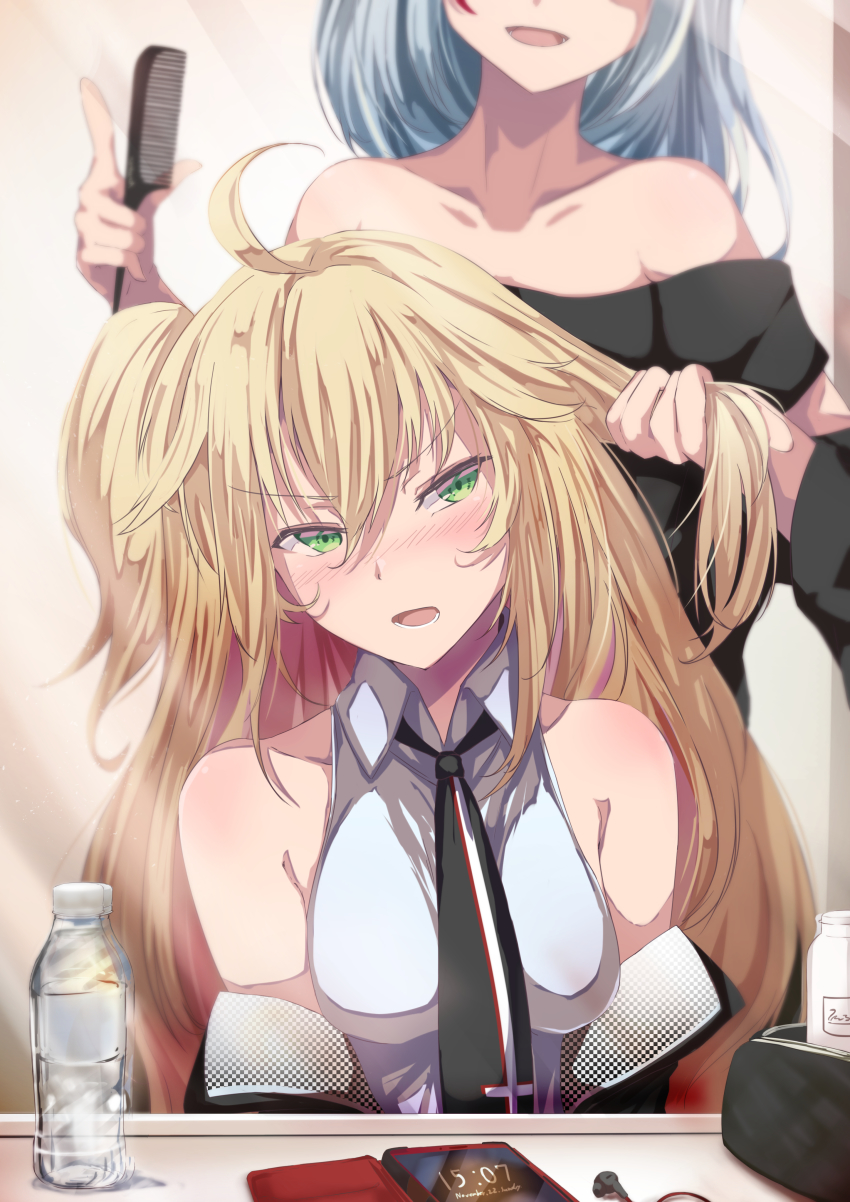 2girls, absurdres, admiral_hipper_(azur_lane), admiral_hipper_(muse)_(azur_lane), ahoge, azur_lane, bare_shoulders, behind_another, black_neckwear, black_sweater, blonde_hair, blush, bottle, brushing_hair, cellphone, collared_shirt, comb, commentary_request, earphones, green_eyes, hair_between_eyes, highres, long_hair, medium_hair, multiple_girls, necktie, off-shoulder_sweater, off_shoulder, open_mouth, phone, prinz_eugen_(azur_lane), shimofuji_jun, shirt, siblings, silver_hair, sisters, sitting, sleeveless, sleeveless_shirt, smartphone, standing, sweater, two_side_up, v-shaped_eyebrows, water_bottle, white_shirt