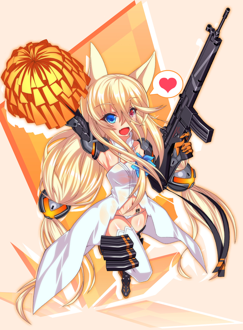 1girl, absurdly_long_hair, animal_ears, barcode_tattoo, blonde_hair, blue_eyes, cheering, g41_(girls'_frontline), girls'_frontline, h&amp;k_g41, heart, heterochromia, highres, kinoshita_tsuyuki, long_hair, navel, pom_pom_(cheerleading), red_eyes, smile, solo, spoken_heart, tattoo, very_long_hair