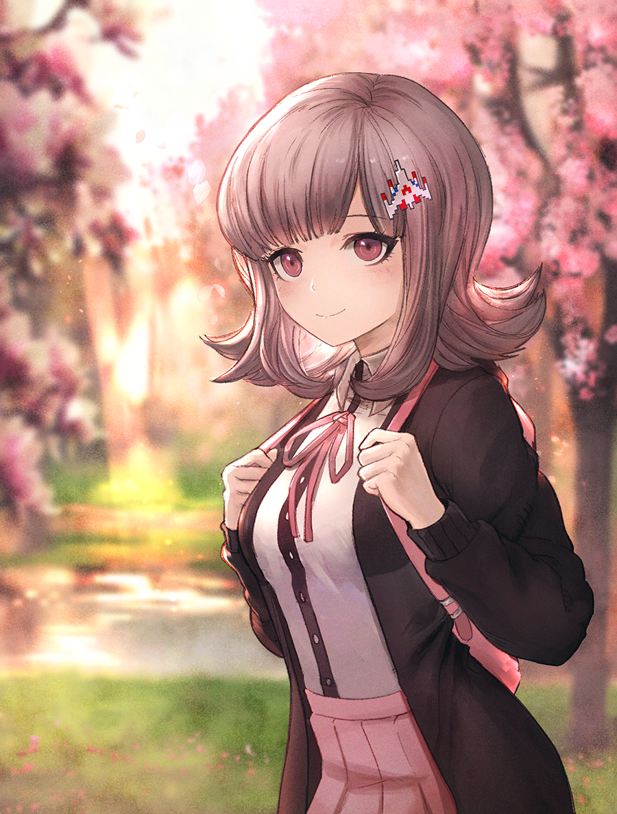 1girl, backpack, bag, black_jacket, black_shirt, blunt_bangs, blurry, blurry_background