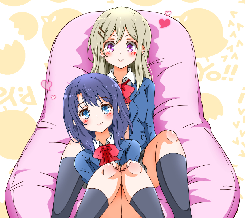 2girls, absurdres, adachi_sakura, adachi_to_shimamura, bean_bag_chair, black_socks, blonde_hair, blue_eyes