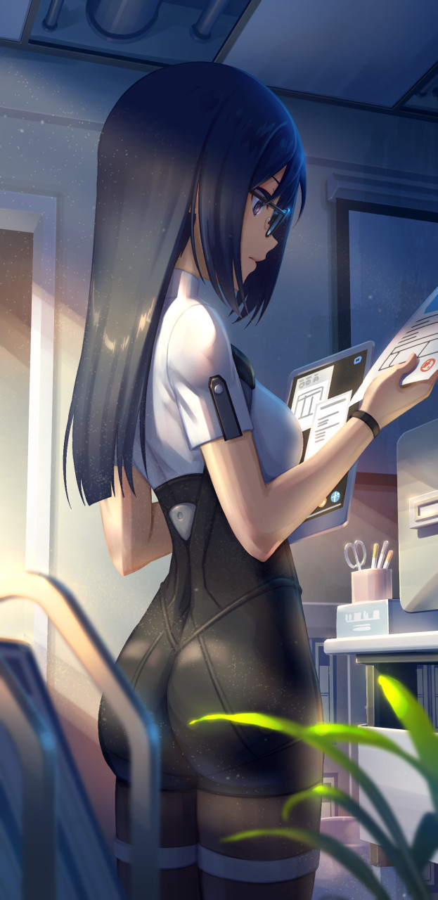 1girl, alice_gear_aegis, ass, black_hair, bodysuit, eyebrows_hidden_by_hair, from_behind, from_side
