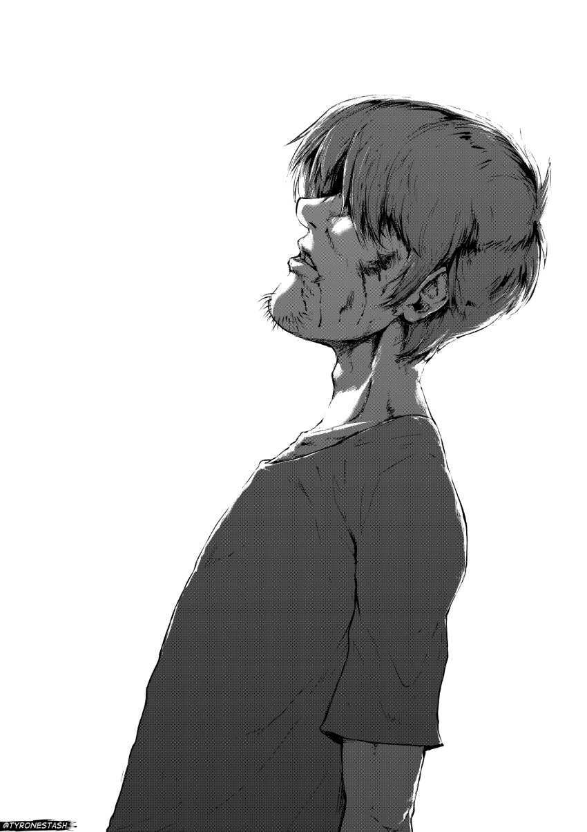 1boy, artist_name, collarbone, commentary, commission, english_commentary, facial_hair, from_side, greyscale, hair_over_eyes, highres, kaneki_profile_picture_(meme), leaning_back, looking_up, male_focus, meme, monochrome, parody, parted_lips, scooby-doo_(series), shaggy_rogers, solo, stubble, tokyo_ghoul, tokyo_ghoul:re, tyrone, white_background