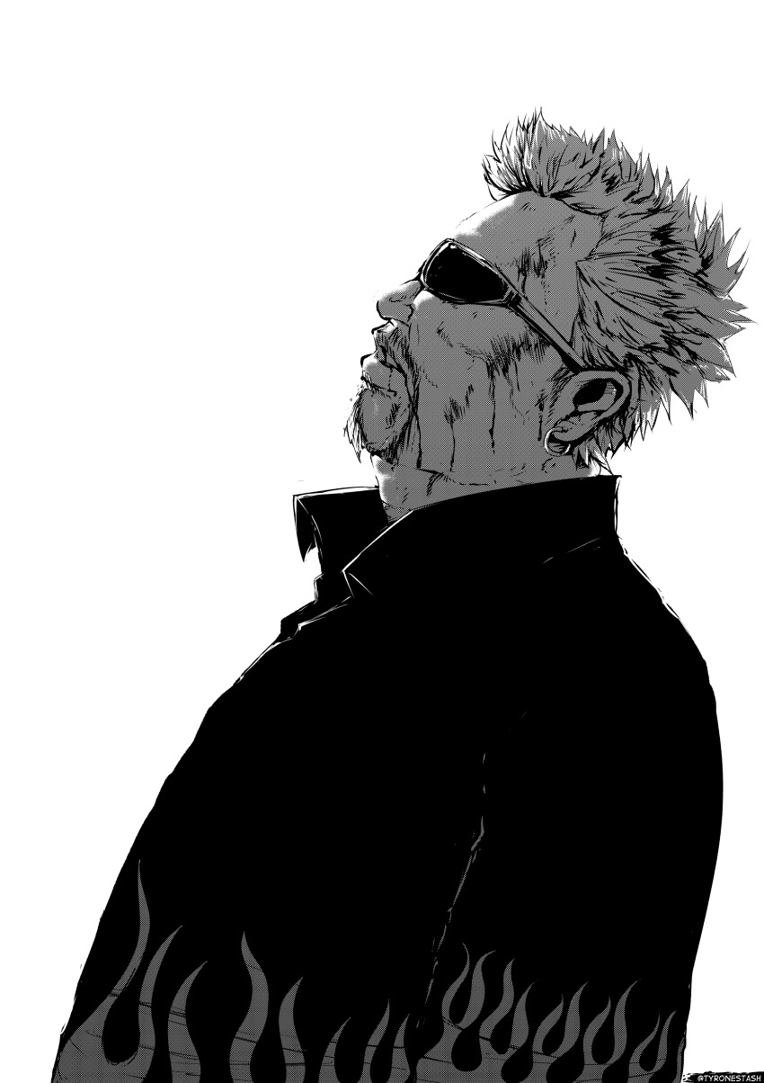1boy, absurdres, artist_name, blood, blood_on_face, collared_shirt, commentary, earrings, english_commentary, facial_hair, flame_print, from_side, goatee, greyscale, guy_fieri, highres, jewelry, kaneki_profile_picture_(meme), leaning_back, looking_up, male_focus, meme, monochrome, parody, parted_lips, real_life, shirt, single_earring, solo, spiked_hair, sunglasses, tokyo_ghoul, tokyo_ghoul:re, tyrone, white_background