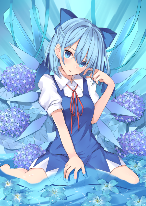 1girl, :p, barefoot, blue_bow, blue_dress, blue_eyes, blue_flower, blue_hair