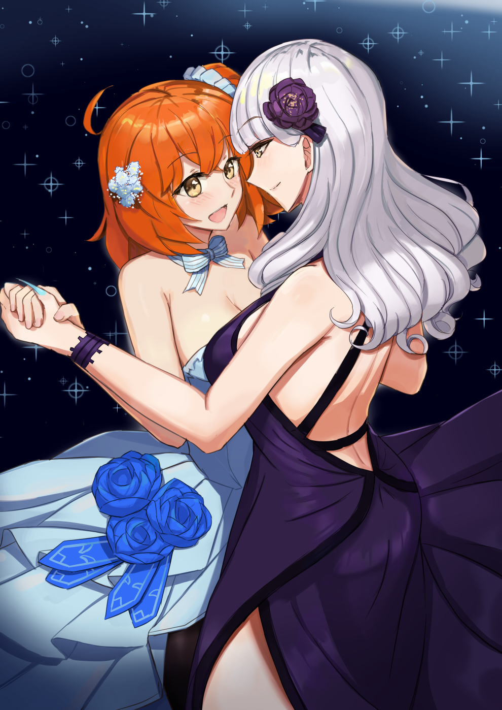 2girls, ahoge, alternate_costume, backless_dress, backless_outfit, bare_shoulders, black_dress, blush