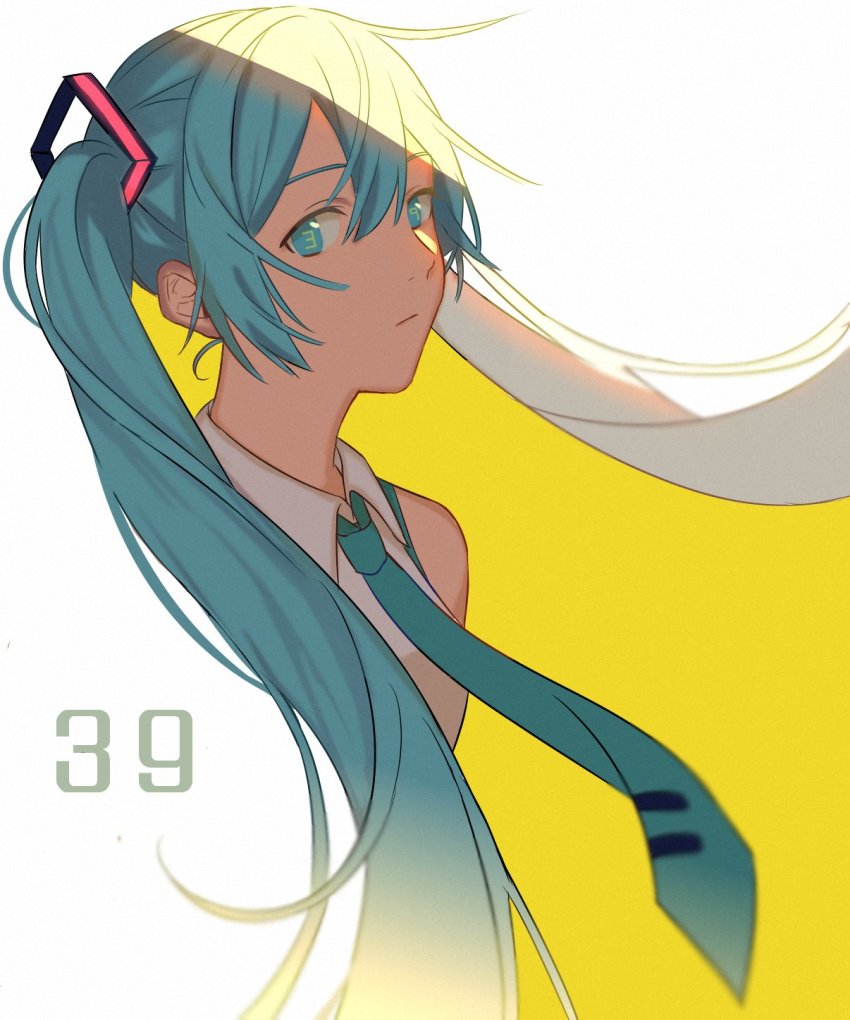 1girl, 39, bare_shoulders, blue_eyes, blue_hair, blue_necktie, closed_mouth, clothes_lift