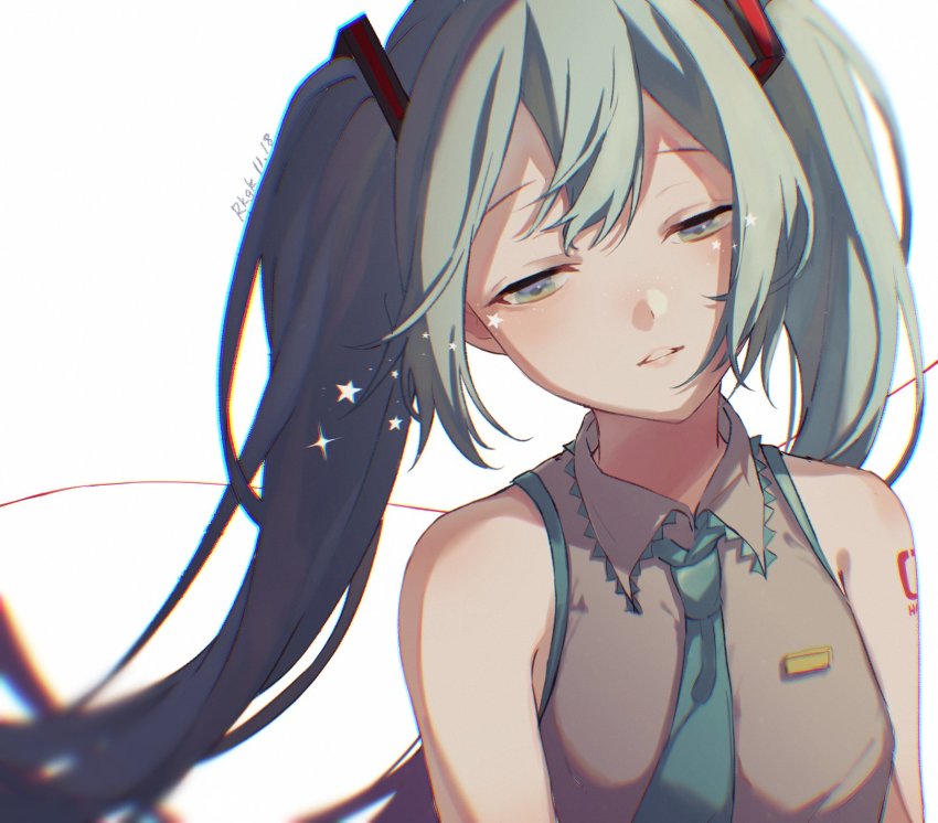 1girl, aqua_hair, aqua_necktie, arms_at_sides, bare_shoulders, blurry, breasts, chromatic_aberration