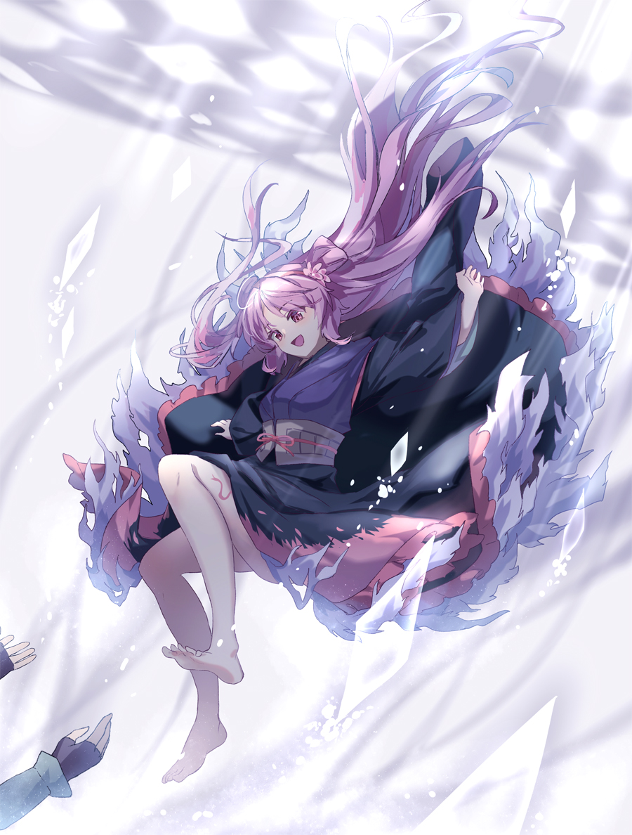 2girls, akinomiya_asuka, barefoot, fingerless_gloves, flower, frills, gloves, hairband