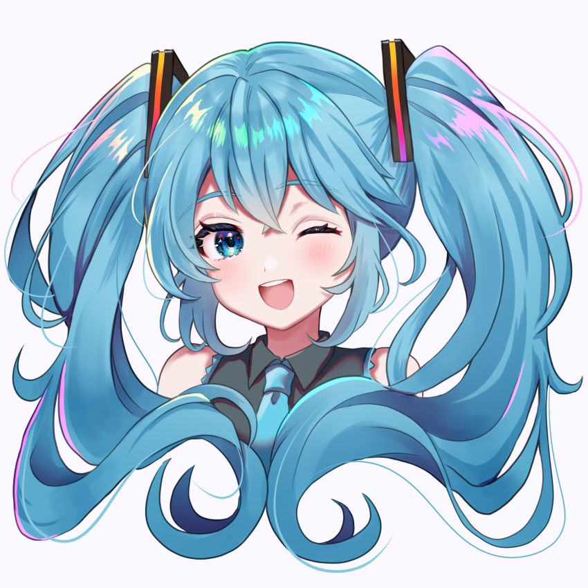 1girl, ;d, black_shirt, blackchild_owl, blue_eyes, blue_hair, blue_necktie, collared_shirt, cropped_torso, curly_hair, dot_nose, eyelashes, eyes_visible_through_hair, floating_hair, hair_between_eyes, hatsune_miku, heart, heart_in_eye, highres, light_blush, long_hair, necktie, one_eye_closed, open_mouth, shaded_face, shirt, sidelocks, simple_background, sleeveless, sleeveless_shirt, smile, solo, sparkling_eyes, star_(symbol), star_in_eye, symbol_in_eye, tareme, teeth, twintails, upper_body, upper_teeth_only, vocaloid, white_background