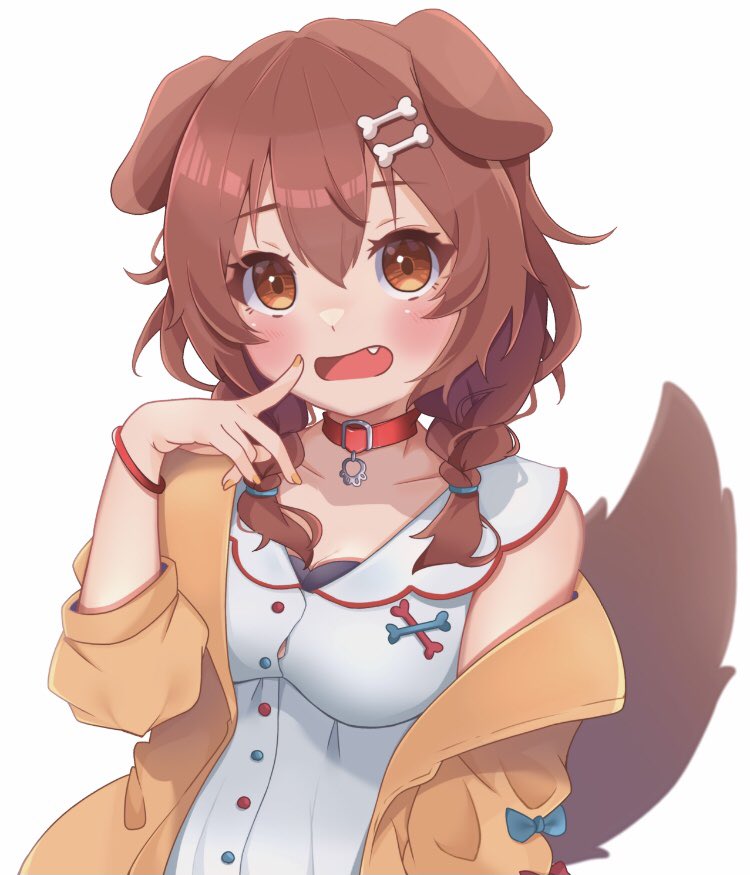 1girl, animal_collar, animal_ears, bone_hair_ornament, braid, brown_eyes, brown_hair, buttons