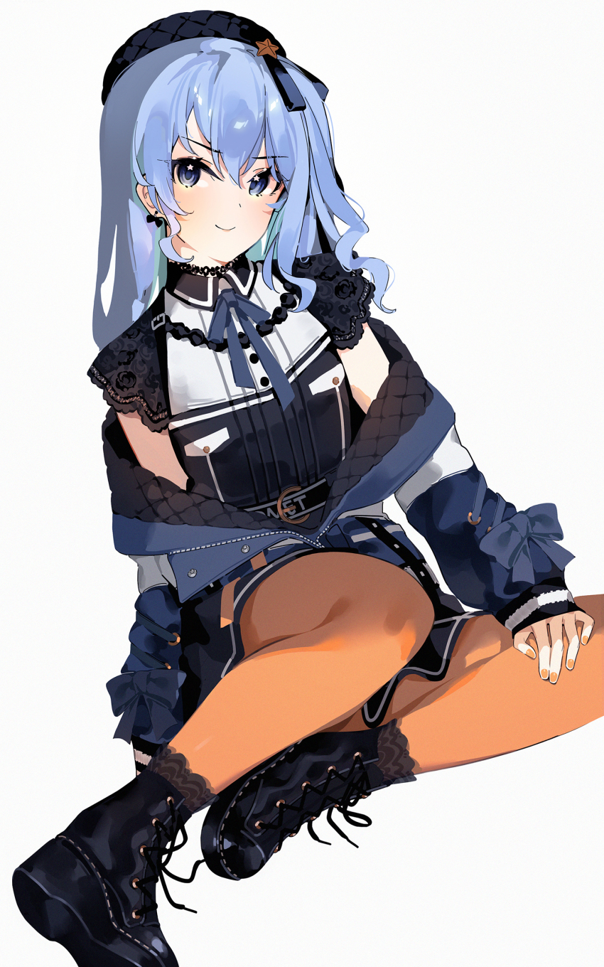 1girl, absurdres, arm_support, belt, beret, black_choker, black_footwear, black_hat