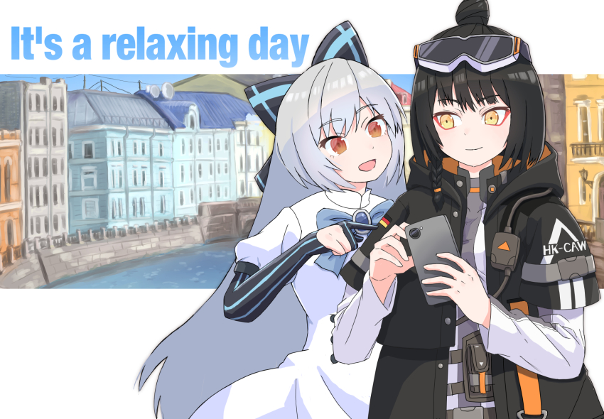 2girls, black_hair, canal, caws_(girls'_frontline), cellphone, creator_connection, english_text, girls'_frontline