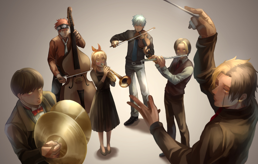 1girl, 5boys, absurdres, belt, black_dress, black_neckwear, black_shirt, blue_neckwear, bow, bow_(music), bowtie, conducting, conductor_baton, cymbals, daut_barret, double_bass, dress, finn_ames, flute, formal_clothes, highres, instrument, lance_crown, lemon_irvine, long_sleeves, mash_burnedead, mashle, multiple_boys, pants, ranran_art, rayne_ames, red_hair, red_neckwear, red_shirt, scar, scar_on_face, shirt, standing, suit, traditional_bowtie, trumpet, vest, violin, white_neckwear