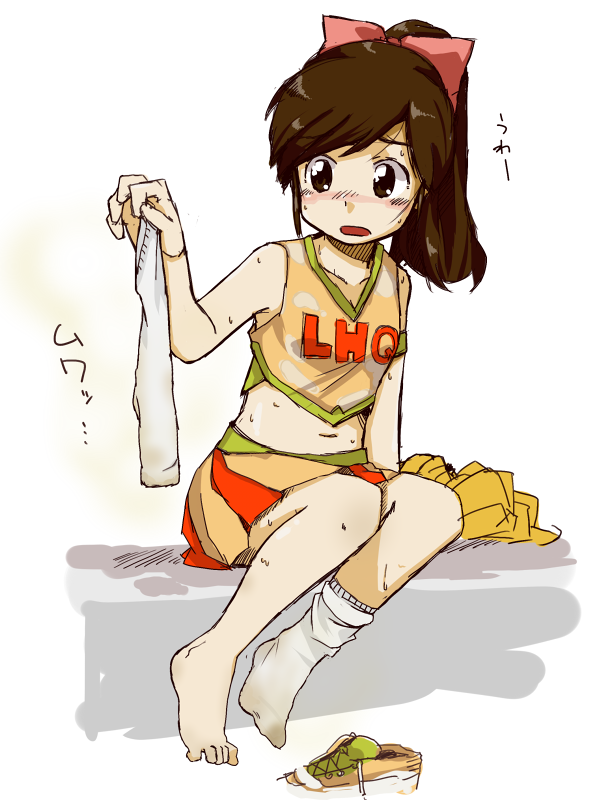 1girl, barefoot, blush, brown_eyes, brown_hair, cheerleader, feet, female_focus, lhq, midriff, original, pom_pom_(cheerleading), ponytail, single_sock, skirt, smell, socks, solo, sterndorf, toes