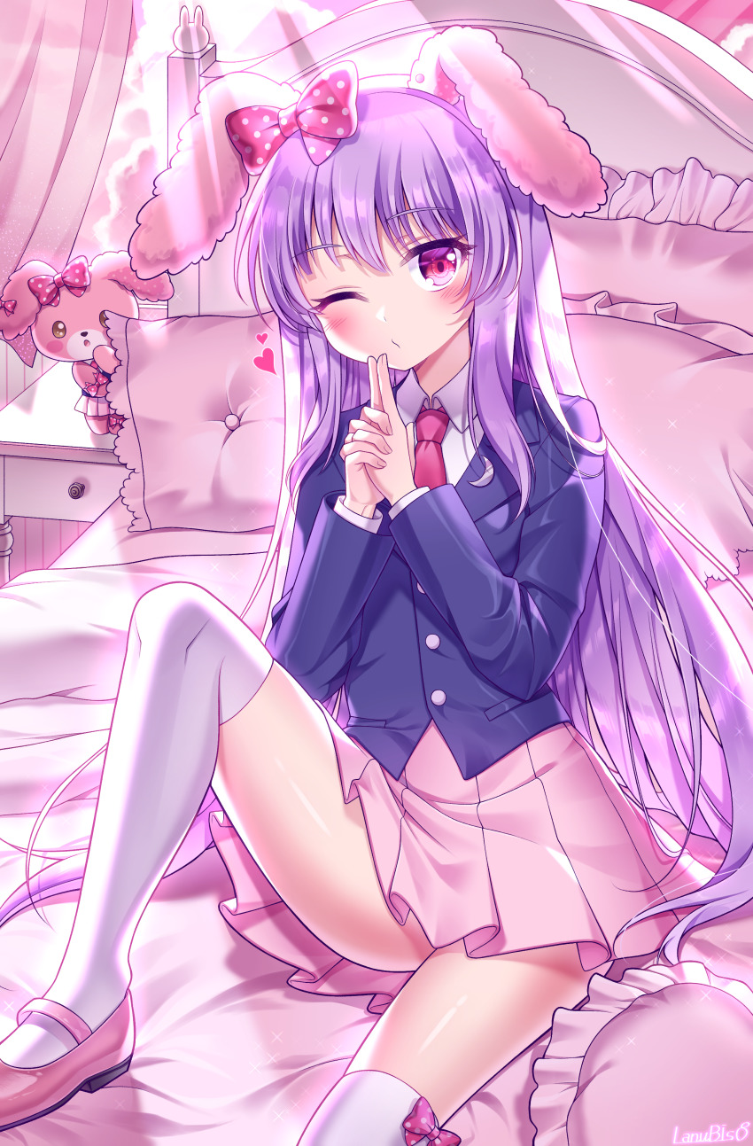 1girl, absurdres, animal_ear_fluff, animal_ears, bed, bed_sheet, blazer, bonbonribbon