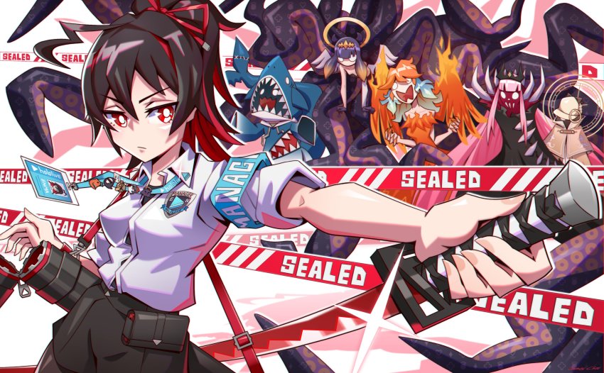 6+girls, absurdres, ahoge, badge, blank_eyes, character_badge, enma-chan, gawr_gura