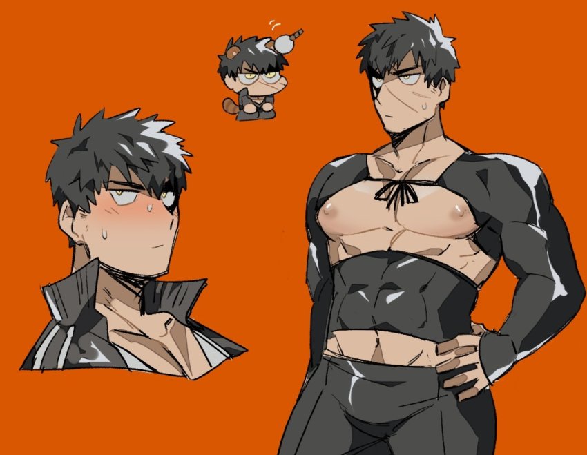 1boy, animal_ears, bad_id, bad_twitter_id, bare_pectorals, black_hair, blush, chibi