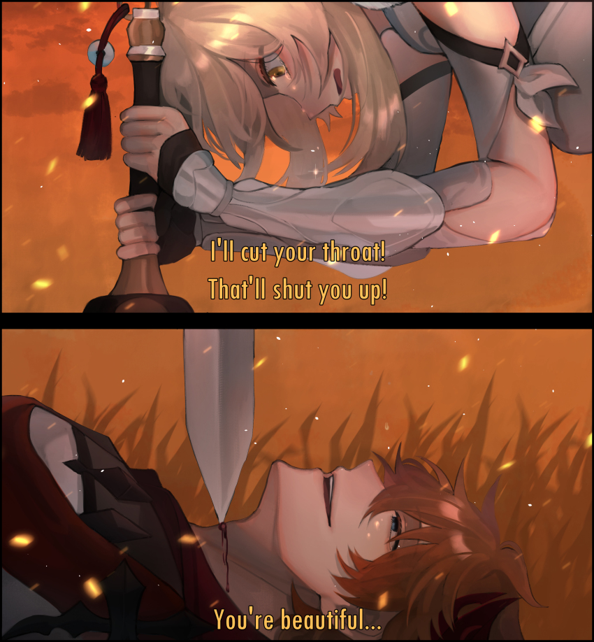 1boy, 1girl, 2koma, absurdres, blonde_hair, blood, blue_eyes, clothing_request, comic, embers, english_text, gauntlets, genshin_impact, grass, half-closed_eyes, hetero, highres, holding, holding_sword, holding_weapon, hsteetee, looking_down, looking_up, lumine_(genshin_impact), lying, mononoke_hime, on_back, red_hair, sideways_mouth, sword, sword_to_throat, tartaglia_(genshin_impact), tassel, weapon, yellow_eyes