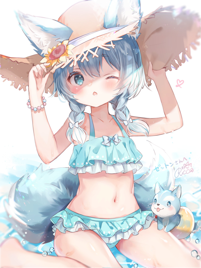 1girl, ;o, absurdres, animal, animal_ear_fluff, animal_ears, bare_arms, bare_legs, bare_shoulders, barefoot, bikini, blue_bikini, blue_eyes, blue_hair, blush, bracelet, braid, brown_headwear, collarbone, commentary_request, ears_through_headwear, flower, hair_between_eyes, hair_over_shoulder, hat, hat_flower, highres, innertube, jewelry, koyomi_(shironeko_project), long_hair, navel, one_eye_closed, parted_lips, pearl_bracelet, rucaco, shironeko_project, signature, sitting, straw_hat, sunflower, swim_ring, swimsuit, tail, tarou_(shironeko_project), thick_eyebrows, twin_braids, wariza, wolf, wolf_ears, wolf_girl, wolf_tail, yellow_flower
