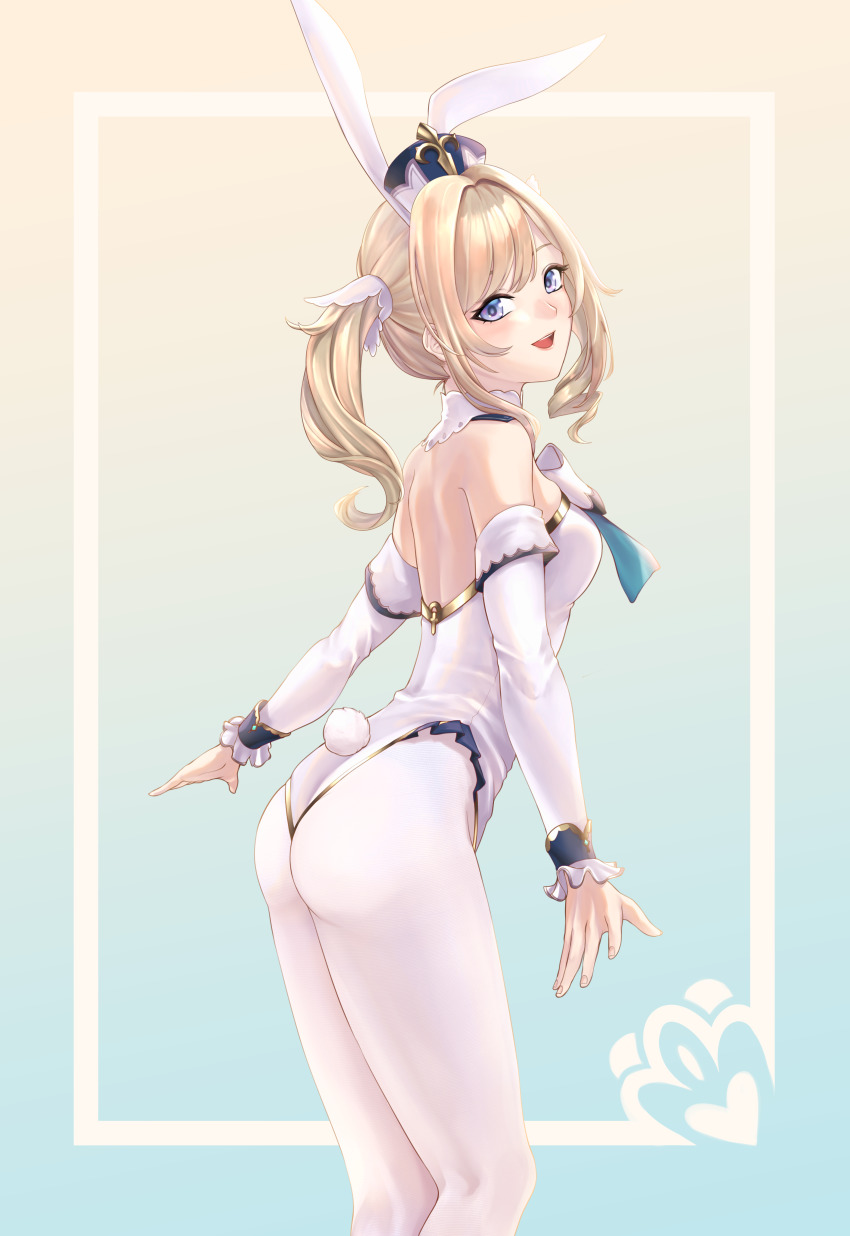 1girl, :d, absurdres, animal_ears, ass, barbara_(genshin_impact), bare_shoulders, blush