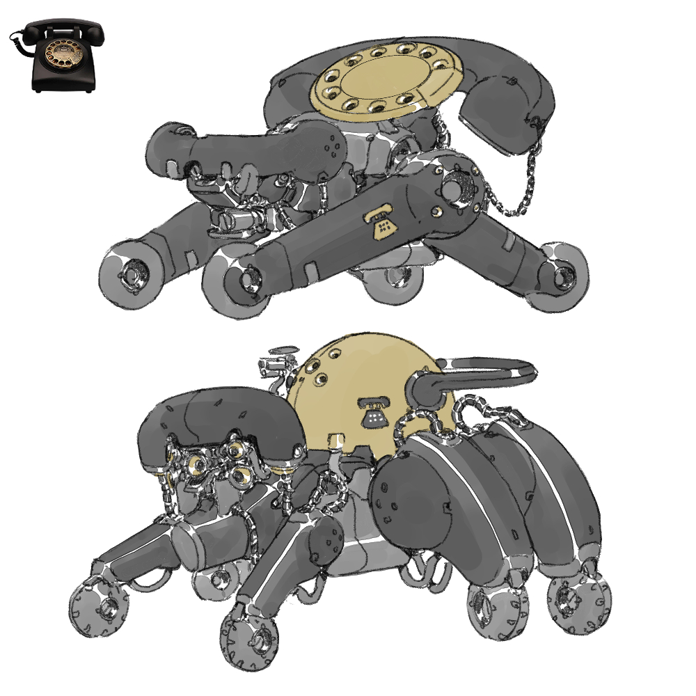 8bitwizard, antique_phone, mechanization, no_humans, non-humanoid_robot, original, phone, photo-referenced, robot, rotary_phone, simple_background, tagme, wheel, white_background
