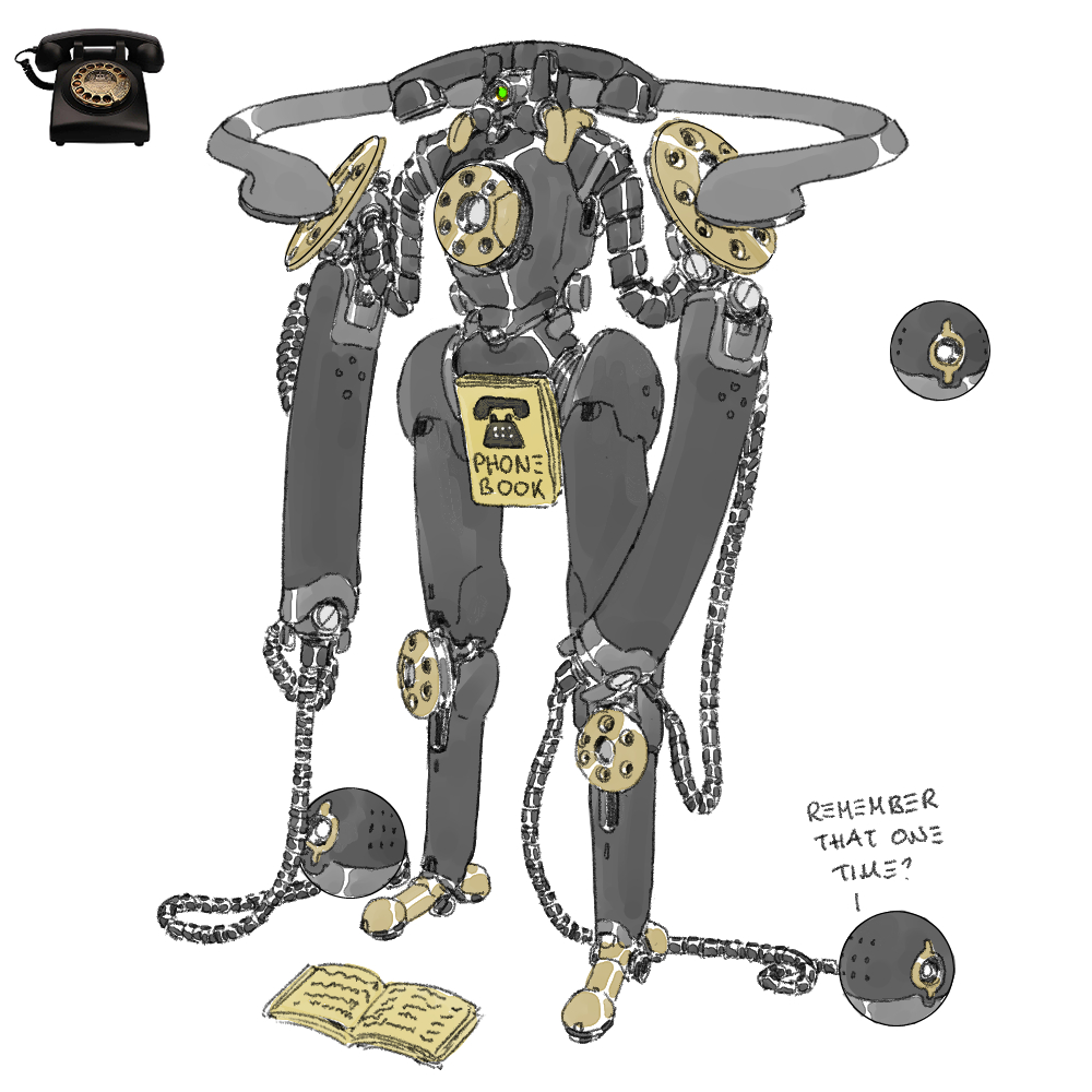 8bitwizard, antique_phone, ball_and_chain_(weapon), book, english_text, green_eyes, mechanization, no_humans