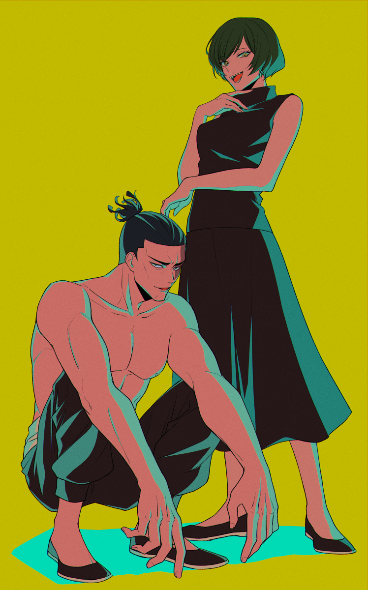 1boy, 1girl, akhr1029, baggy_pants, black_footwear, black_hair, black_pants, black_skirt, breasts, collarbone, highres, jujutsu_kaisen, long_skirt, medium_breasts, muscular, open_mouth, pants, ponytail, scar, scar_on_face, shirt, short_hair, skirt, sleeveless, sleeveless_shirt, smile, squatting, topless_male, toudou_aoi_(jujutsu_kaisen), turtleneck, yellow_background, yellow_eyes, zen'in_mai