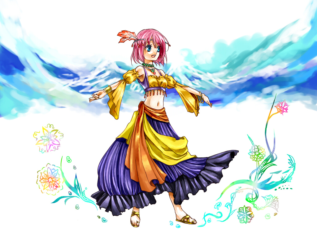 bad_id, bad_pixiv_id, blue_eyes, bracelet, detached_sleeves, dragon_quest, dragon_quest_ix, dress, feathers, flower, headband, heroine_(dq9), hinomiya_riyu, jewelry, level-5, midriff, necklace, open_mouth, pink_hair, ring, sandals, short_hair, solo