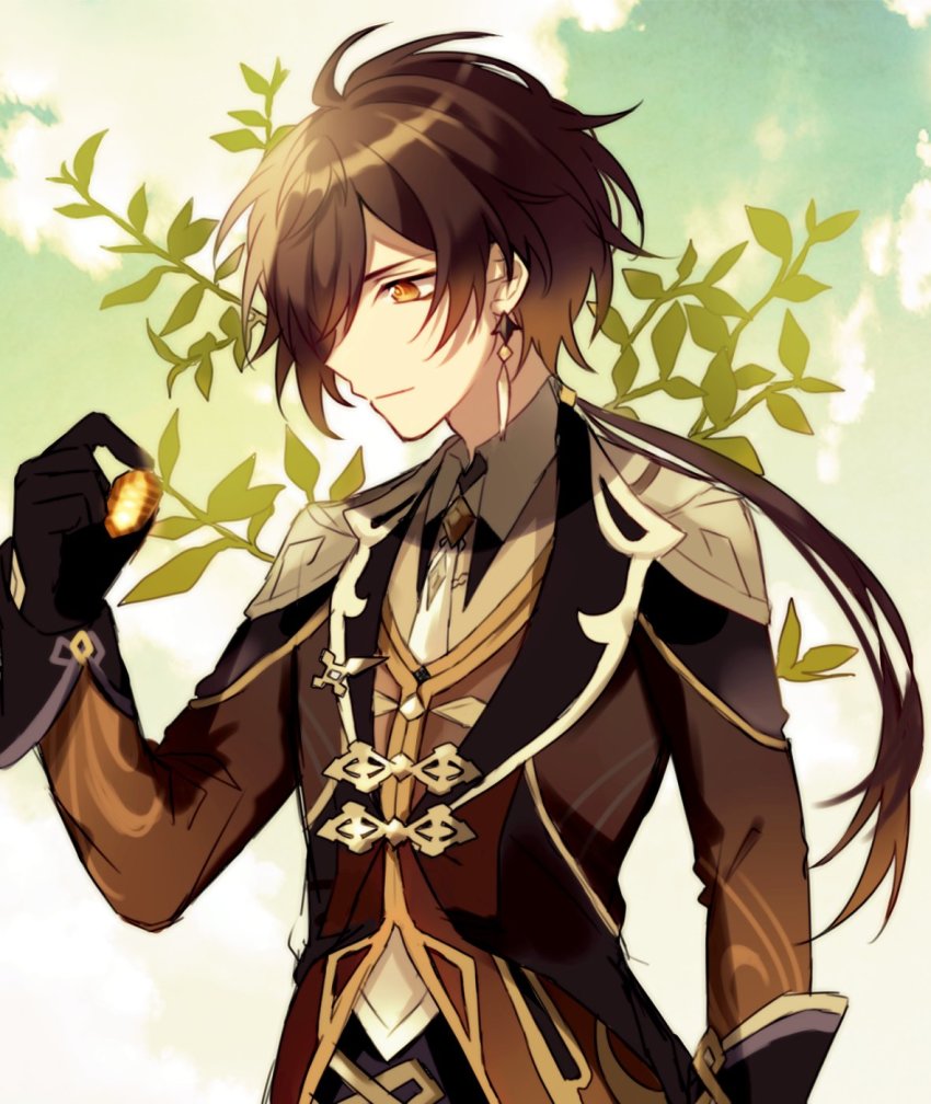 1boy, bad_id, bad_twitter_id, black_gloves, black_suit, branch, brown_hair, commentary, earrings, formal_clothes, gem, genshin_impact, gloves, gradient_background, green_background, hair_over_one_eye, highres, holding, holding_gem, jewelry, kouzuki_(kuzk_0512), long_hair, looking_at_object, male_focus, ponytail, single_earring, solo, suit, upper_body, vision_(genshin_impact), white_background, white_neckwear, yellow_eyes, zhongli_(genshin_impact)