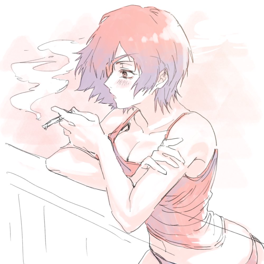1girl, blush, breasts, chainsaw_man, cigarette, cleavage, eyelashes, eyepatch