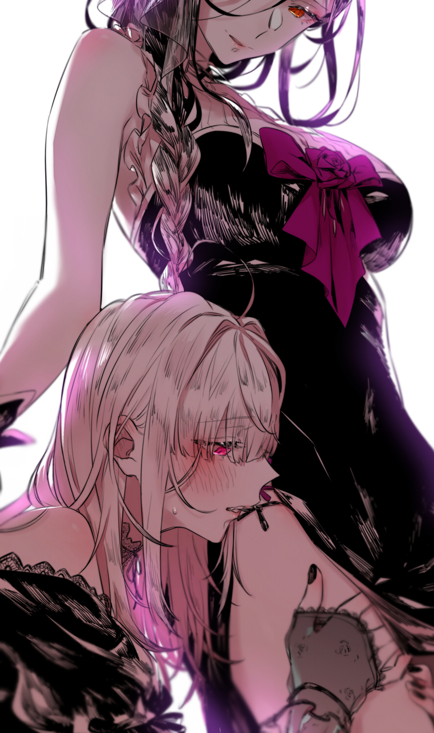 2girls, bare_shoulders, black_dress, black_nails, blush, bow, braid, breasts