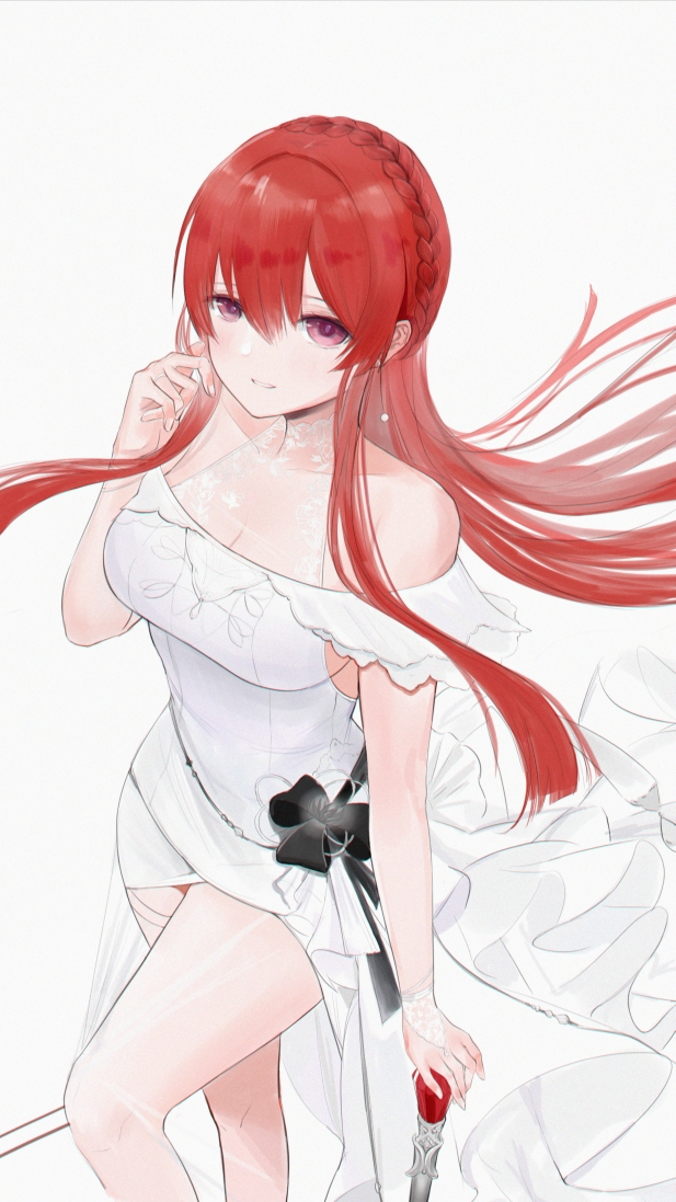 1girl, azur_lane, bad_id, bad_pixiv_id, braid, breasts, chilli_646, commentary, commentary_request, dress, formal_clothes, hair_between_eyes, large_breasts, long_hair, looking_at_viewer, monarch_(azur_lane), monarch_(white_warrick)_(azur_lane), off_shoulder, purple_eyes, red_hair, simple_background, smile, solo, white_background