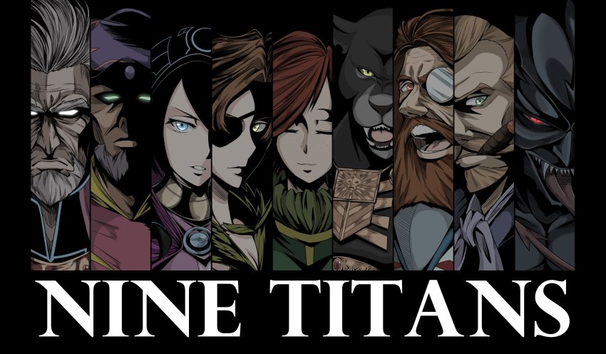 3girls, 6+boys, artist_request, beard, black_background, black_hair, blonde_hair, blue_eyes