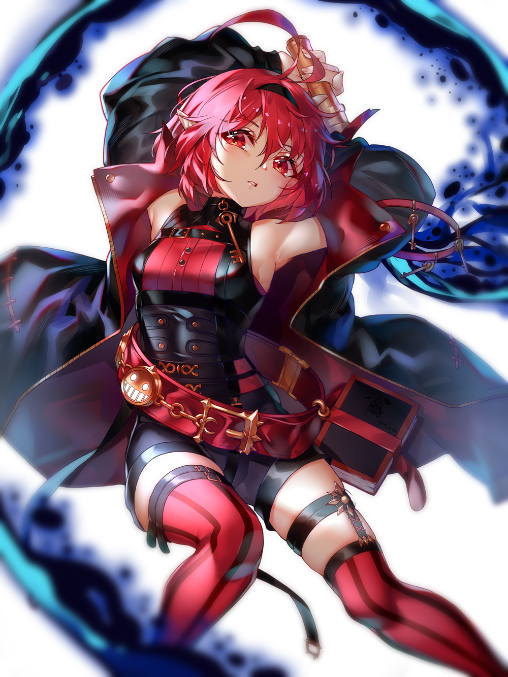 1girl, belt, dungeon_and_fighter, female_mage_(dungeon_and_fighter), ginklaga, highres, looking_at_viewer, red_eyes