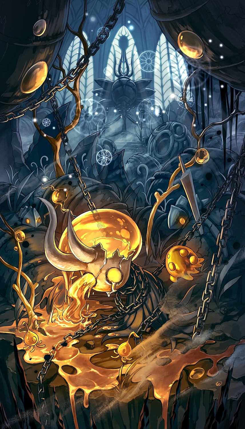 1other, broken_vessel_(hollow_knight), bug, chain, cloak, cracked_mask, floating, gel, grey_cloak, highres, hollow_knight, horns, infected_balloon_(hollow_knight), lightseed_(hollow_knight), mamoru_mikokoro, md5_mismatch, no_humans, resolution_mismatch, shadow_creeper_(hollow_knight), shell, source_smaller, spikes, standing, statue, sword, weapon